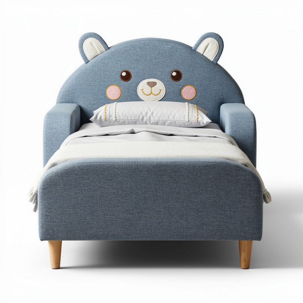 Canapé lit enfant ours en tissu bleu 90 x 70 x 70cm avec oreillers décoratifs
