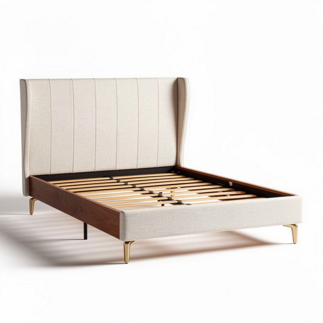 Lit en tissu beige avec structure en bois mesure 200 x 160 x 100cm