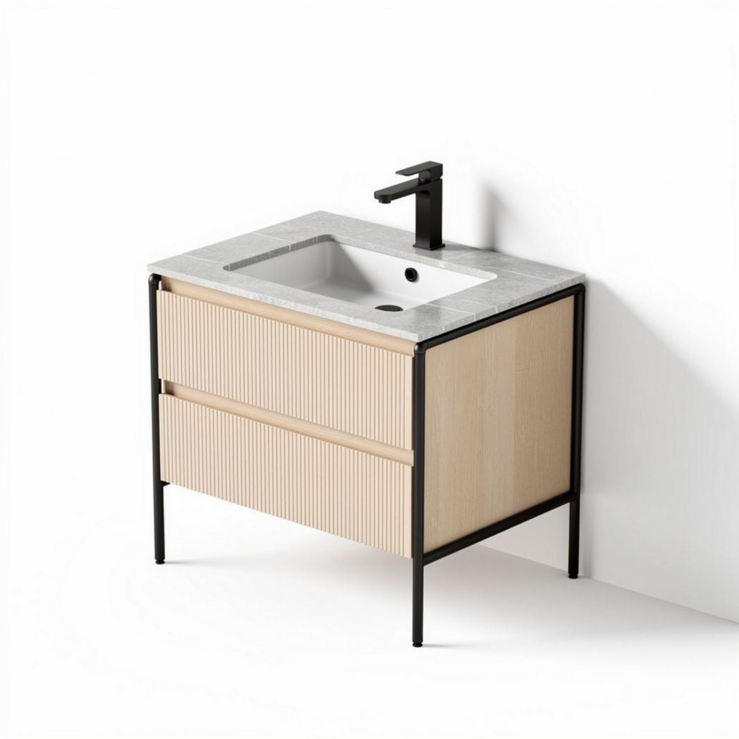 Meuble de salle de bain en bois clair avec vasque en marbre gris 90 x 50 x 85cm