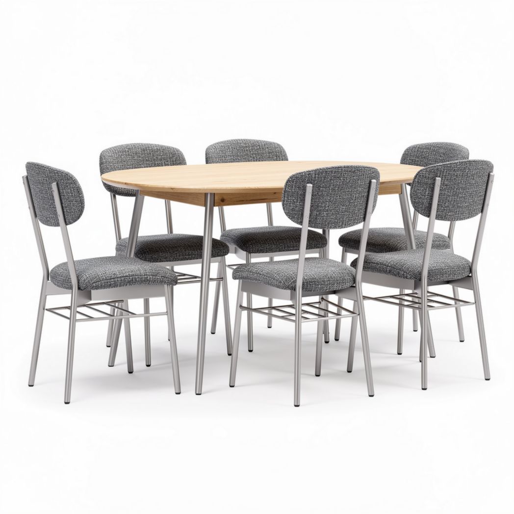 Table ronde en bois de 120 x 80 x 75cm avec six chaises en tissu gris