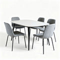 Table rectangulaire moderne en métal et tissu gris 150 x 90 x 75cm avec cinq chaises assorties