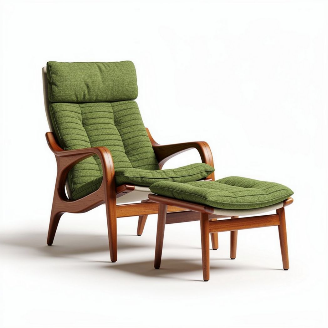 Fauteuil en bois avec repose-pieds en tissu vert dimensions 85 x 75 x 100cm