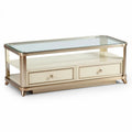 Table basse en verre et bois avec deux tiroirs 120 x 60 x 40cm couleur crème et doré