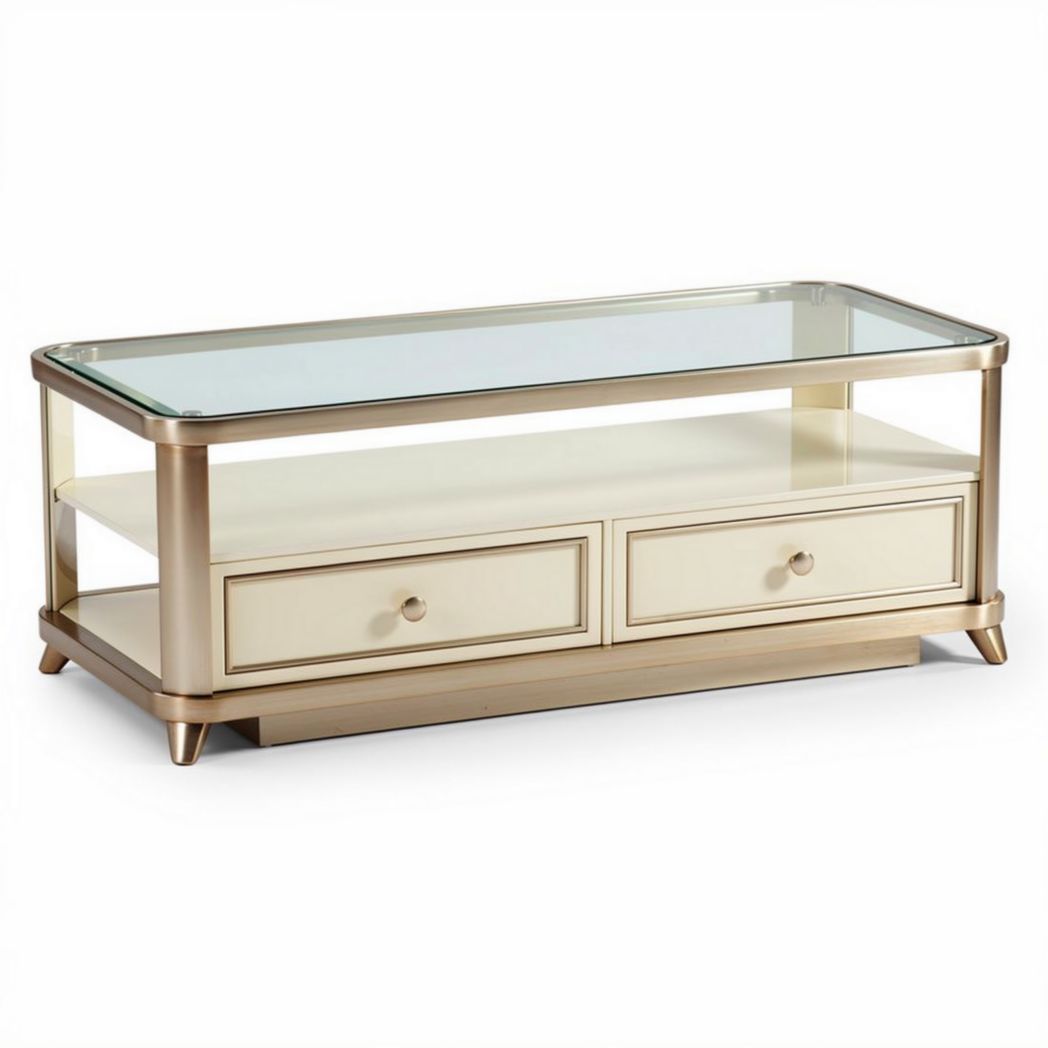 Table basse en verre et bois avec deux tiroirs 120 x 60 x 40cm couleur crème et doré